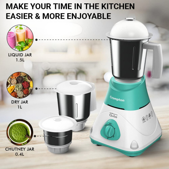 CROMPTON QUBE 3J 750W POWERTRON MOTOR MIXER GRINDER MOTOR VENT-X TECHNOLOGY 3 STAINLESS STEEL JARS SEAGREEN  WHITE