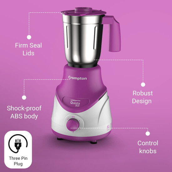 Crompton QUESTA DLX Mixer Grinder 100 Copper Motor  Motor Vent-X Technology 3 Stainless Steel Jars Lavender