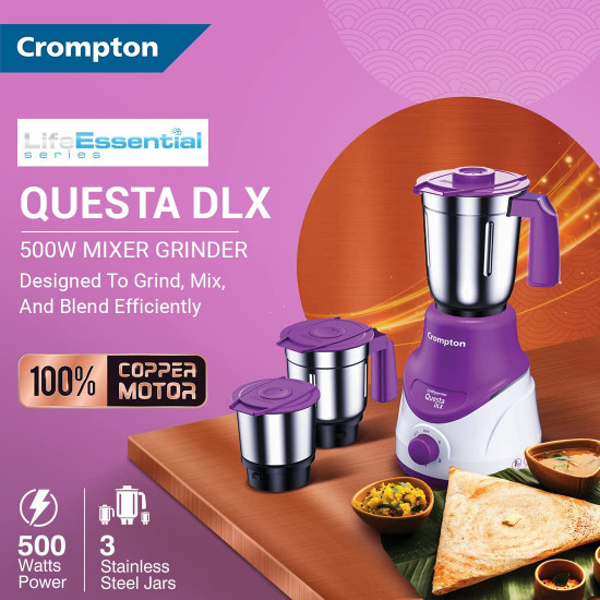 Crompton QUESTA DLX Mixer Grinder 100 Copper Motor  Motor Vent-X Technology 3 Stainless Steel Jars Lavender