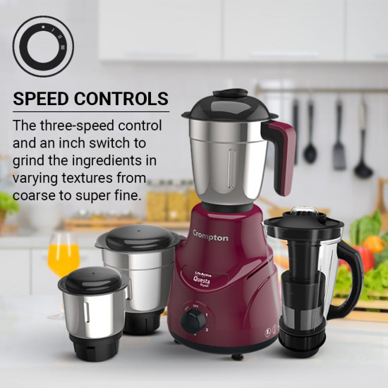 Crompton QUESTA ROYALX 750-Watt Mixer Grinder with Powertron Motor  Motor Vent-X Technology 3 Stainless Steel Jars 15L Blender Jar with Fruit Filter Beetroot