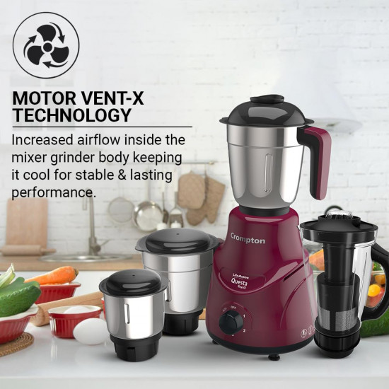 Crompton QUESTA ROYALX 750-Watt Mixer Grinder with Powertron Motor  Motor Vent-X Technology 3 Stainless Steel Jars 15L Blender Jar with Fruit Filter Beetroot