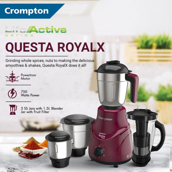 Crompton QUESTA ROYALX 750-Watt Mixer Grinder with Powertron Motor  Motor Vent-X Technology 3 Stainless Steel Jars 15L Blender Jar with Fruit Filter Beetroot