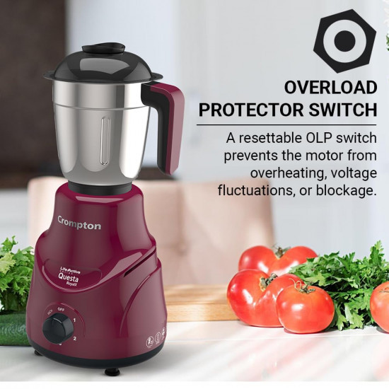 Crompton QUESTA ROYALX 750-Watt Mixer Grinder with Powertron Motor  Motor Vent-X Technology 3 Stainless Steel Jars 15L Blender Jar with Fruit Filter Beetroot