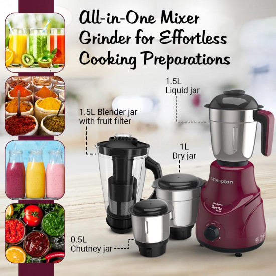 Crompton QUESTA ROYALX 750-Watt Mixer Grinder with Powertron Motor  Motor Vent-X Technology 3 Stainless Steel Jars 15L Blender Jar with Fruit Filter Beetroot
