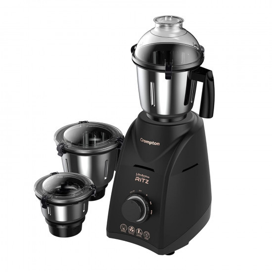 Crompton Ritz 750-Watt Mixer Grinder with Anti-Bacteria  Anti-Odour N9 Plastix Technology 3 Stainless Steel Jars Matte Black ACGM-RITZ