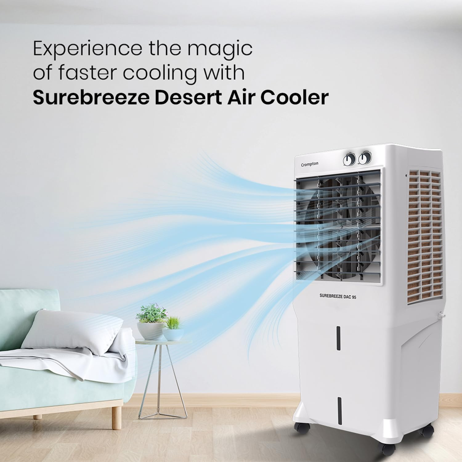 Crompton Surebreeze 95 Desert Air cooler for home  High Density honeycomb pad for faster cooling  4 way air-deflection  Auto Swing  Faster air delivery Everlast Pump With ball bearing advantage