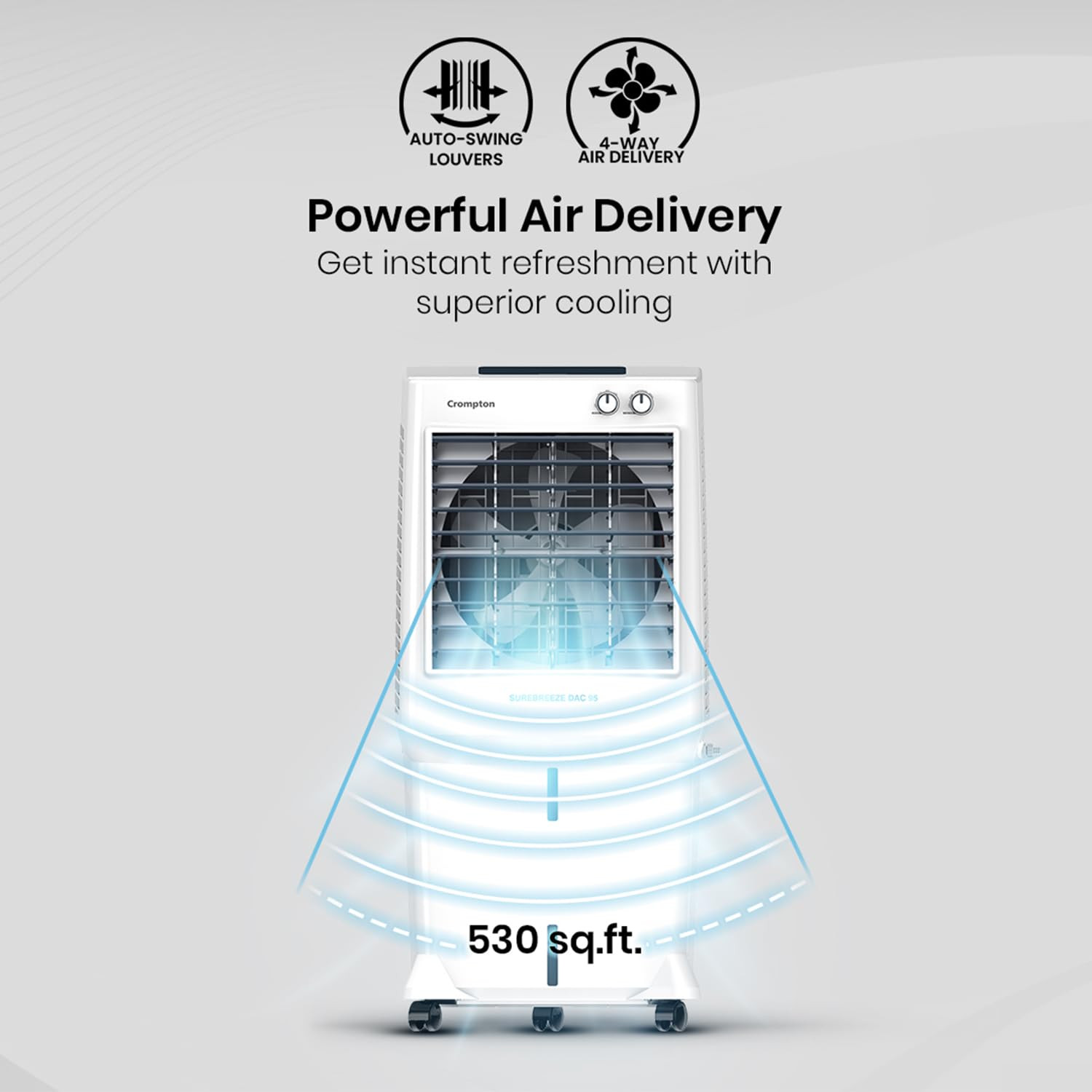 Crompton Surebreeze 95 Desert Air cooler for home  High Density honeycomb pad for faster cooling  4 way air-deflection  Auto Swing  Faster air delivery Everlast Pump With ball bearing advantage