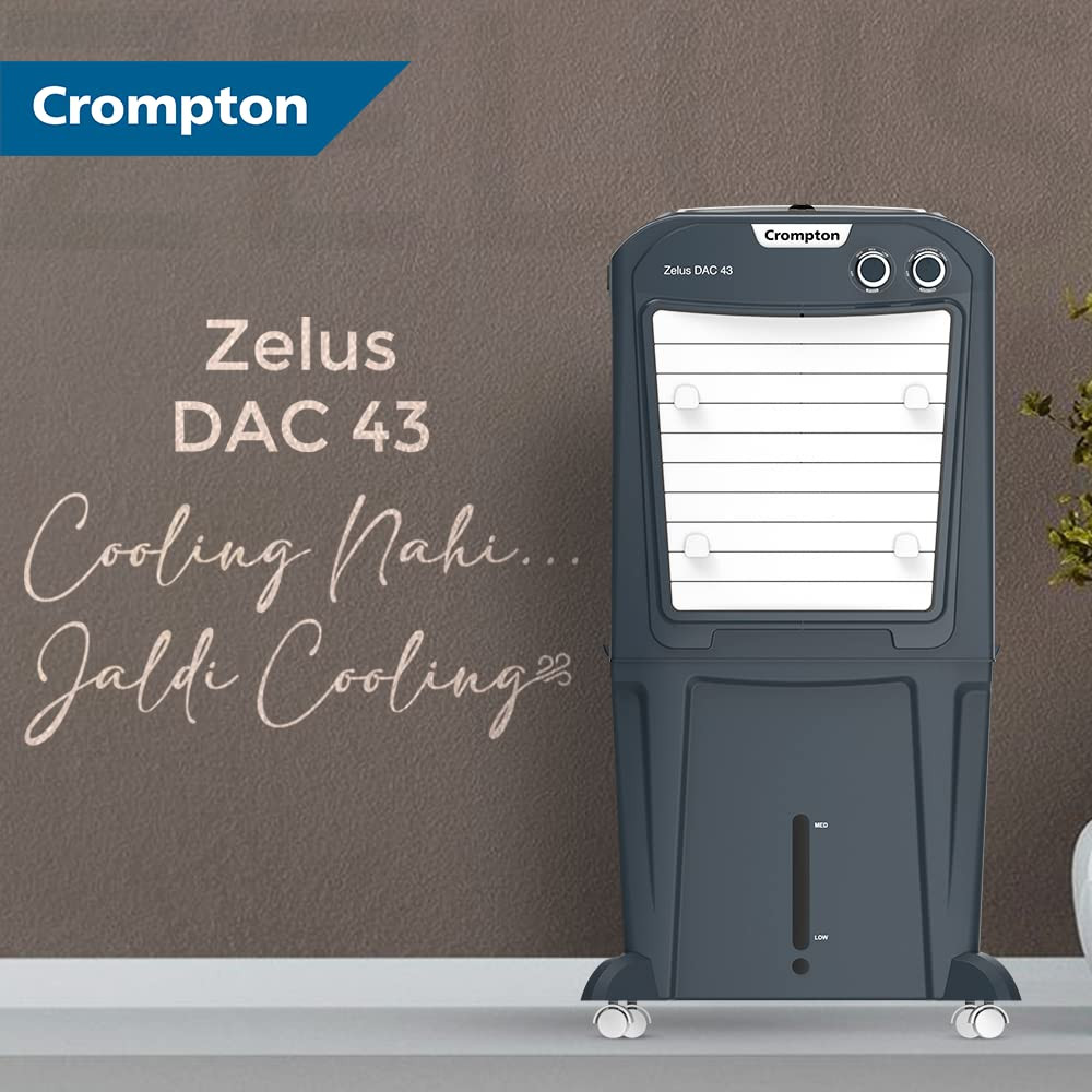 Crompton Zelus DAC Desert Air Cooler- 43L with Everlast Pump 4-Way Air Deflection and Honeycomb Pads Grey ACGC-ZELUSDAC43