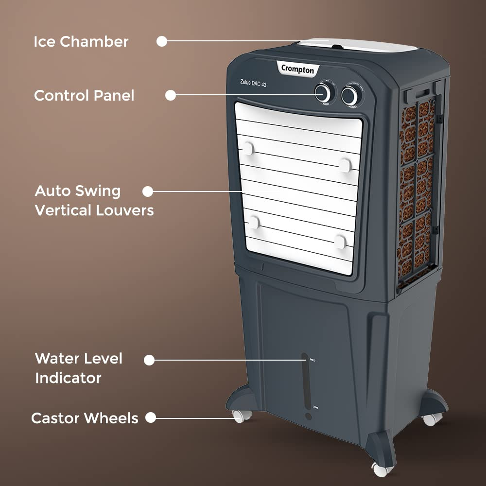 Crompton Zelus DAC Desert Air Cooler- 43L with Everlast Pump 4-Way Air Deflection and Honeycomb Pads Grey ACGC-ZELUSDAC43