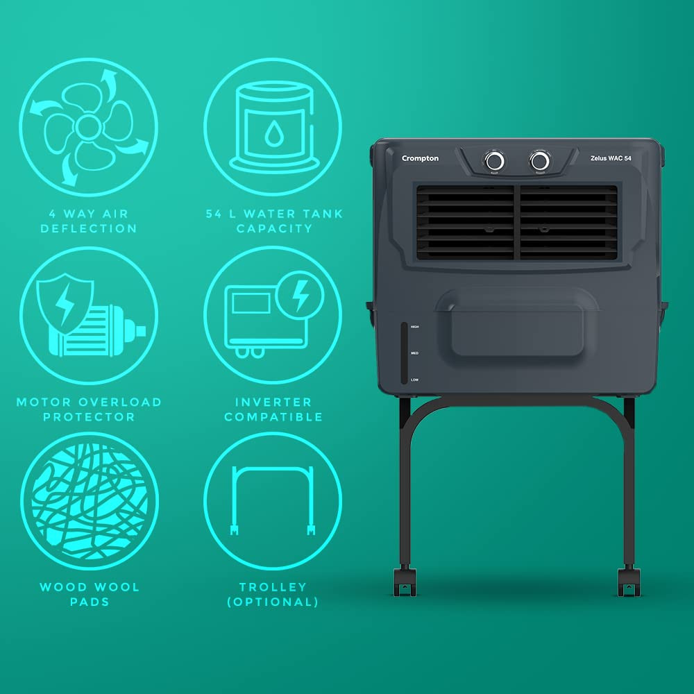 Crompton Zelus WAC Window Air Cooler- 54L with 4-Way Air Deflection Woodwool Cooling Pads and Motor with Overload Protection Grey ACGC-ZELUSWAC54