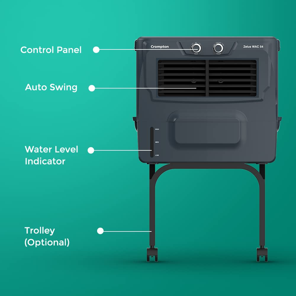 Crompton Zelus WAC Window Air Cooler- 54L with 4-Way Air Deflection Woodwool Cooling Pads and Motor with Overload Protection Grey ACGC-ZELUSWAC54