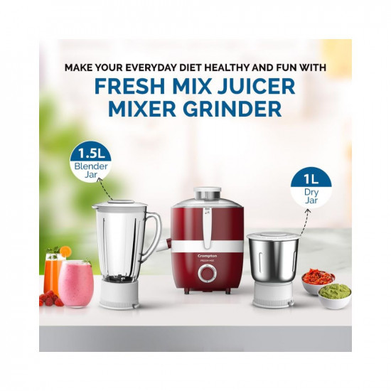 Cromptons Fresh-MIX, Juicer Mixer Grinder (2 Jars, High grade Stainless Steel mesh, unbreakable polycarbonate jar lids)