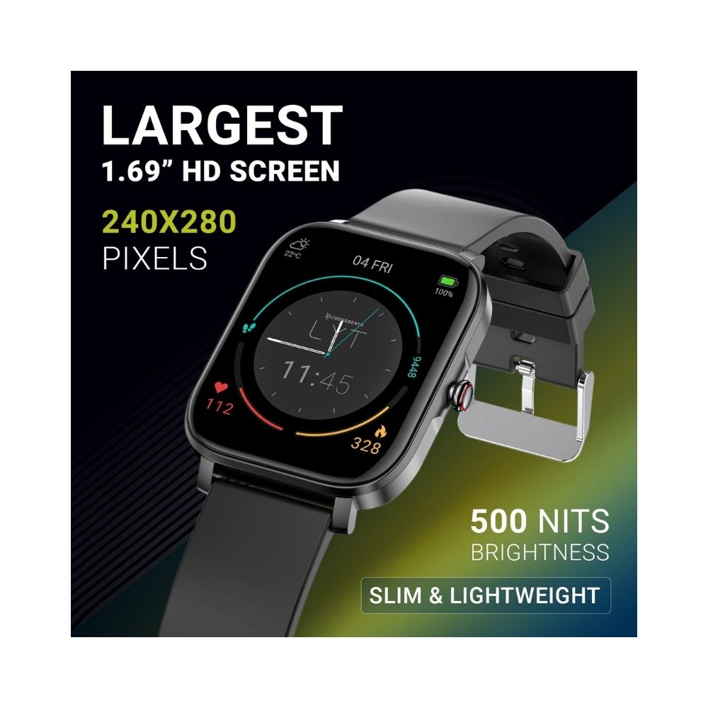 Crossbeats Ignite LYT Spo2 1.69â HD Display 500 nits Brightness Waterproof Smartwatch for Men & Women - Carbon Black
