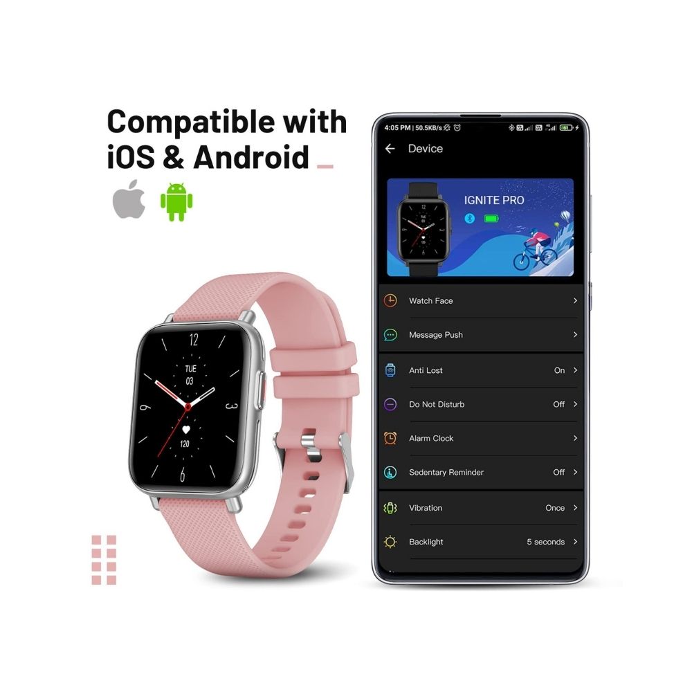 Crossbeats Ignite Pro smartwatch with Body Temperature Sensor, 1.7â HD 500 Nits Brightness Display - Blush Pink