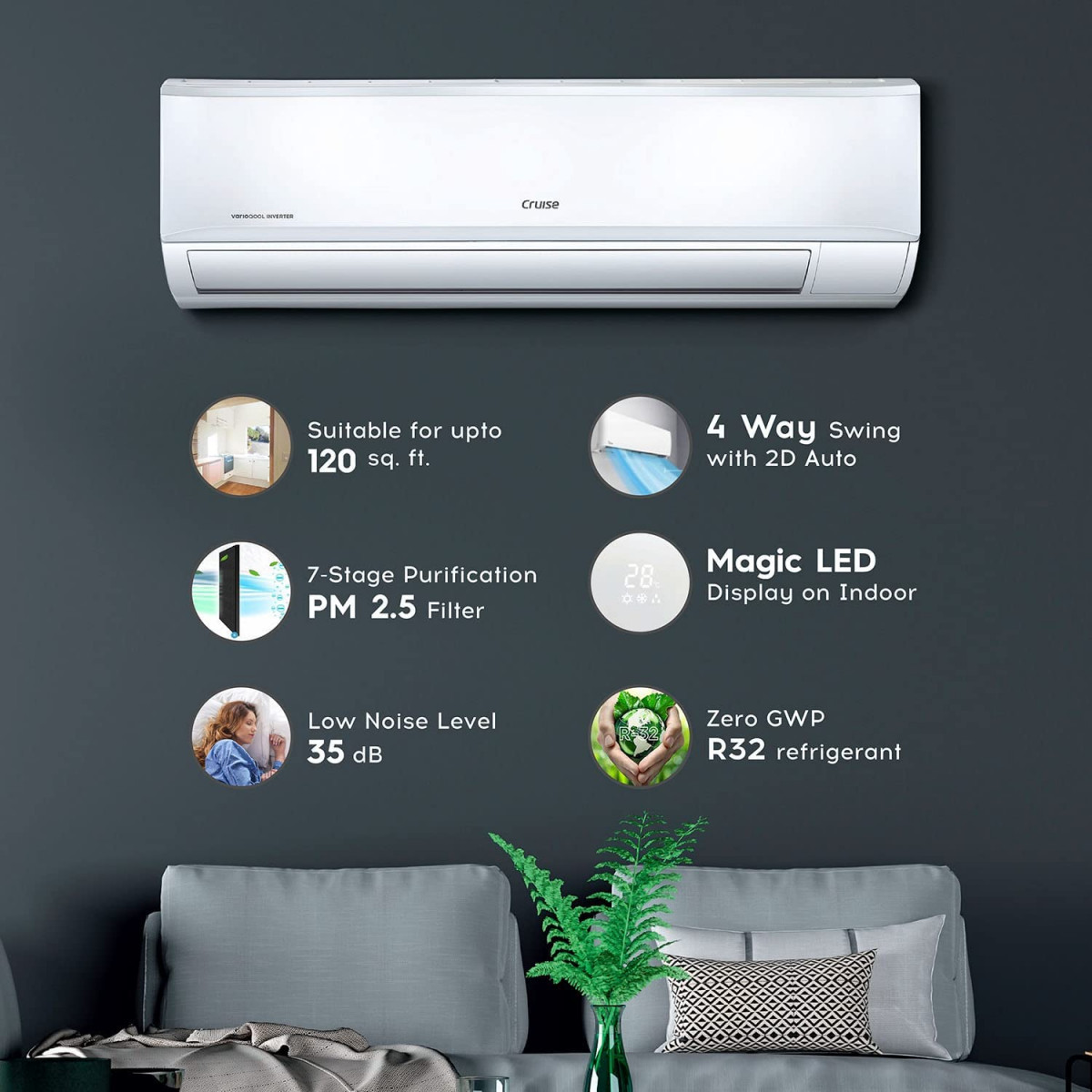 Cruise 1 Ton 3 Star Inverter Split AC with 7-Stage Air Filtration 100 Copper Auto Convertible PM 25 Filter 2024 Model CWCVBH-VQ1W123 White
