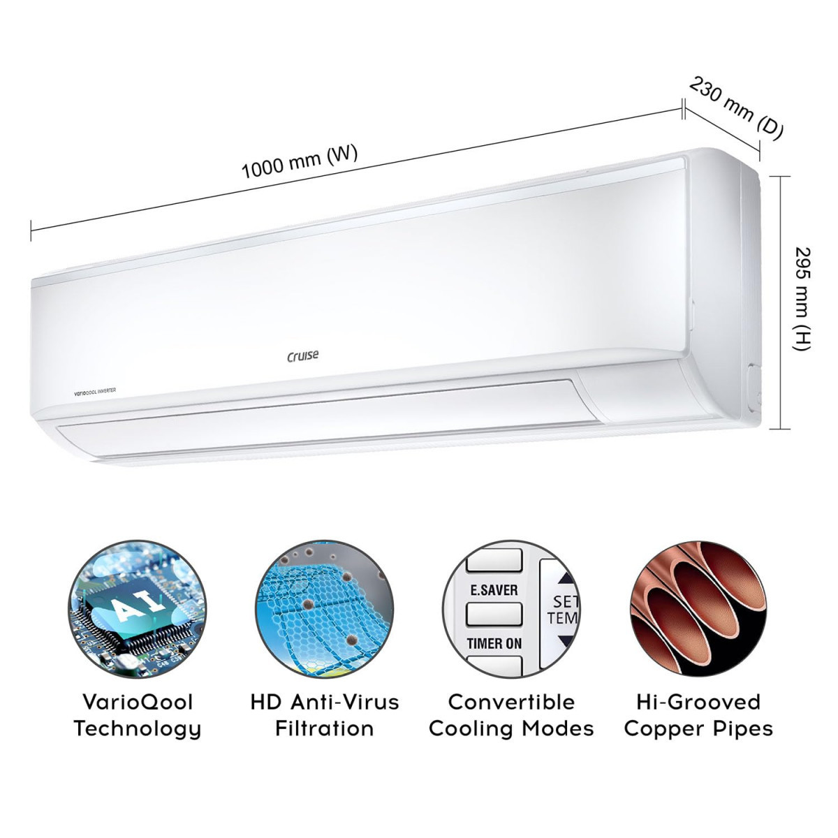 Cruise 2 Ton 3 Star Inverter Split AC with 7-Stage Air Filtration 100 Copper Convertible 4-in-1 PM 25 Filter Anti-Rust Technology 2024 Model CWCVBK-VQ1W243 White