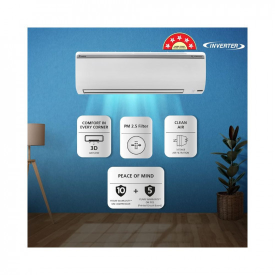 Daikin 1 Ton 5 Star Inverter Split AC Copper PM 25 Filter 2022 Model FTKR35U White