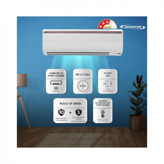 Daikin 18 Ton 3 Star Hot  Cold Inverter Split AC Copper PM 25 Filter FTHT60UV White