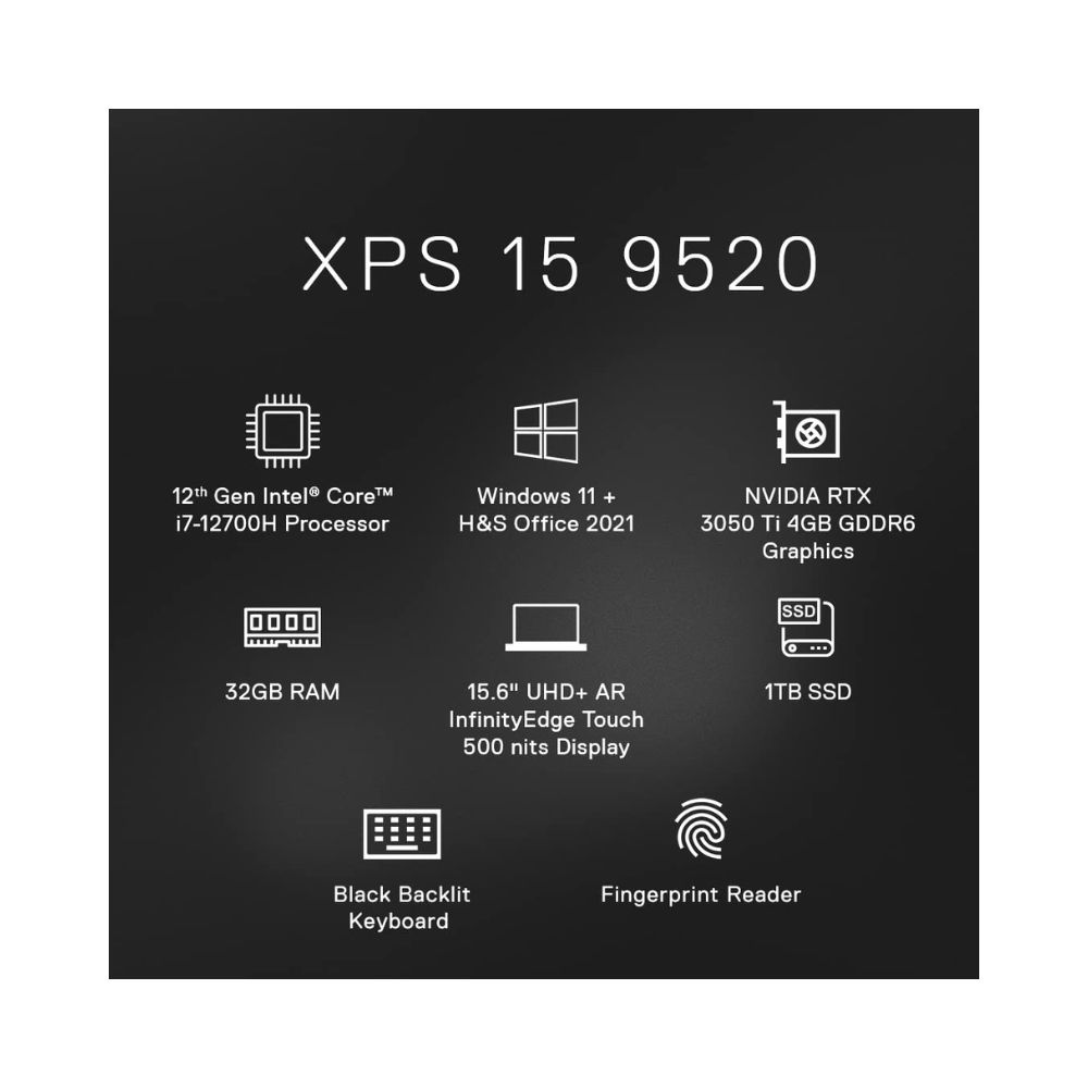 Dell New XPS 9520 Thin& Light Laptop, Intel i7-12700H, 32GB, 1TB SSD, NVIDIA RTX 3050 Ti (4GB GDDR6)