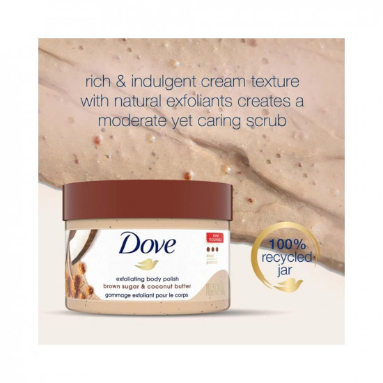 Dove Exfoliating Body Polish Scrub for Dry Skin with Brown Sugar & Coconut Butter, Gently Exfoliates and Moisturizes for Instant Soft & Smooth Skin, Naturally Derived Ingredients, Sulfate-Free, Coconut Scent, 298g