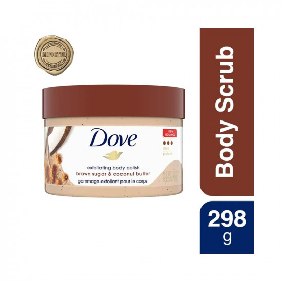 Dove Exfoliating Body Polish Scrub for Dry Skin with Brown Sugar & Coconut Butter, Gently Exfoliates and Moisturizes for Instant Soft & Smooth Skin, Naturally Derived Ingredients, Sulfate-Free, Coconut Scent, 298g