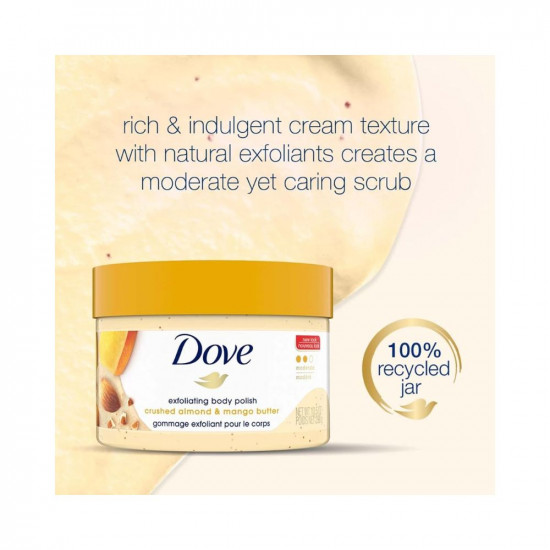 Dove Exfoliating Body Polish Scrub For Dry Skin With Crushed Almond & Mango Butter, Gently Exfoliates & Moisturizes To Reveal Instantly Soft, Smooth & Healthy Skin, Fruity Scent, 298g