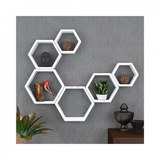 Dream Arts Shoppee Hexagon Shape Set of 6 Floating Wall Shelves and Racks for Living Room (White, Deco Colour Finish,Engineered Wood)