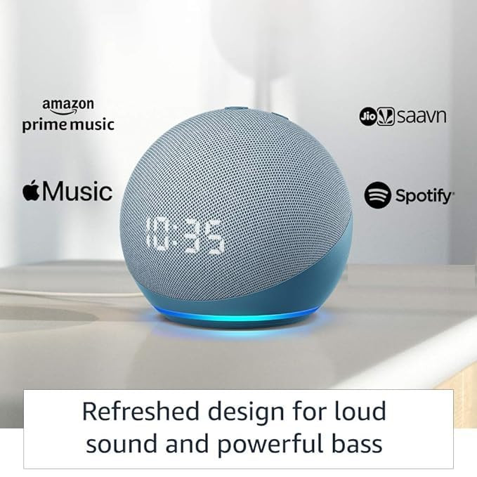 Echo Dot 4th Gen with clock | Smart speaker with powerful bass, LED display and Alexa (Blue)