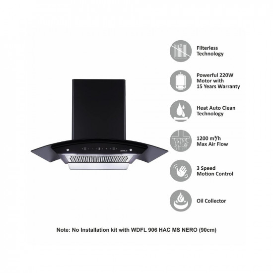 Elica 90 cm 1200 m3hr Filterless Auto Clean Chimney with 15 Years Warranty WDFL 906 HAC LTW MS NERO Touch  Motion Sensor Control Black