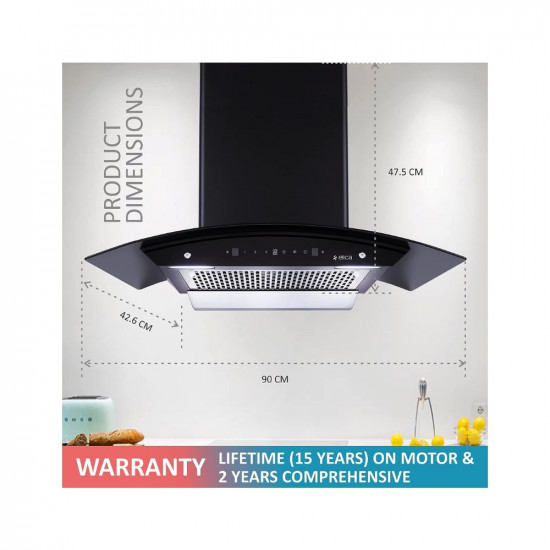 Elica 90 cm 1200 m3hr Filterless Auto Clean Chimney with 15 Years Warranty WDFL 906 HAC LTW MS NERO Touch  Motion Sensor Control Black