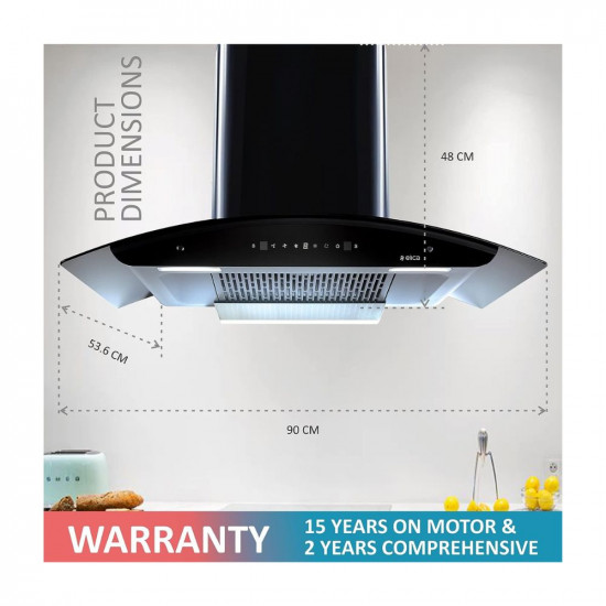 Elica 90 cm 1425 m3/hr Filterless Auto Clean Chimney with Free Installation Kit (WD TFL HAC 90 MS NERO, Touch + Motion Sensor Control, Black)