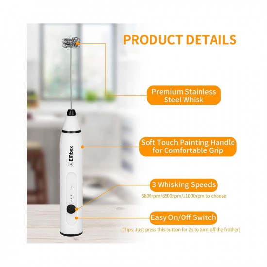 EMBOX Milk Frother Handheld Coffee Frother Blender-USB Rechargeable Electric Coffee Beater for Cappuccino-Whisker Electric Blender for Milk Egg Mix-2 Detachable Whisks with 2 Whisks