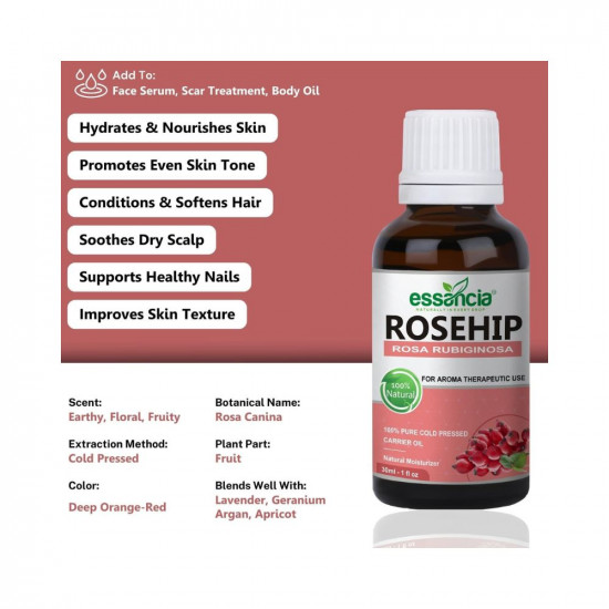 Essancia Rosehip Oil For Face Glow, Hair Growth, Acne, Skin Care, Healthy Nails, Wrinkles, Lips, & Radiant Skin. Pure Cold Pressed Carrier Oil (30ml)