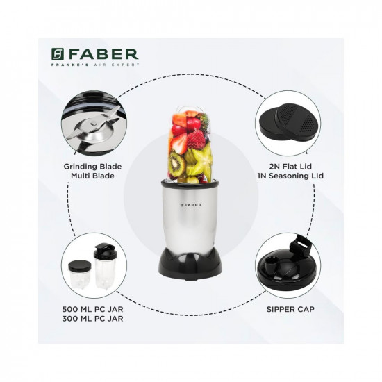 Faber 2-in-1 Sportz Blender  Liquidizing  Grinding Wet  Dry  ABS Body SS Blades 400W Copper Motor Overheat Protector Push  Lock Control  2 PC Jars Multipurpose Lids  Silver