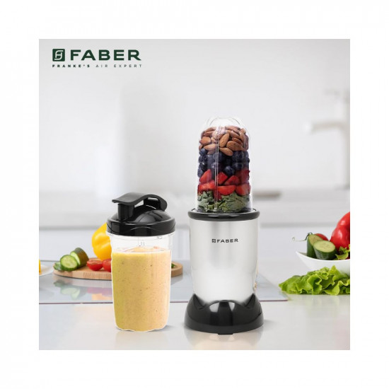 Faber 2-in-1 Sportz Blender  Liquidizing  Grinding Wet  Dry  ABS Body SS Blades 400W Copper Motor Overheat Protector Push  Lock Control  2 PC Jars Multipurpose Lids  Silver