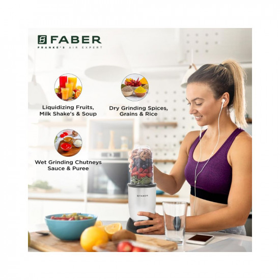 Faber 2-in-1 Sportz Blender  Liquidizing  Grinding Wet  Dry  ABS Body SS Blades 400W Copper Motor Overheat Protector Push  Lock Control  2 PC Jars Multipurpose Lids  Silver