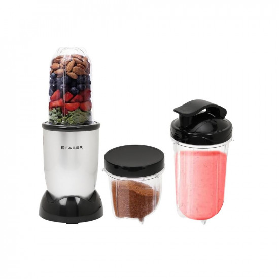Faber 2-in-1 Sportz Blender  Liquidizing  Grinding Wet  Dry  ABS Body SS Blades 400W Copper Motor Overheat Protector Push  Lock Control  2 PC Jars Multipurpose Lids  Silver