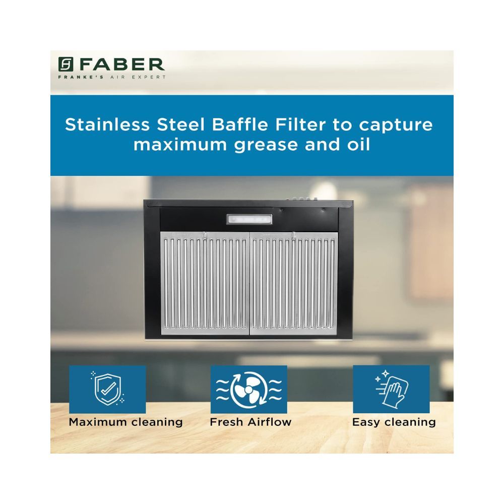 Faber 60 cm 1000 mhr Kitchen Chimney HOOD PLUTO PB BF BK 60 Baffle Filter Push Button Black