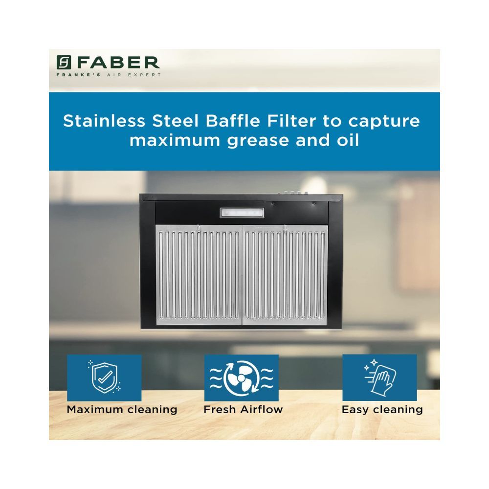 Faber 60 cm 1000 mÂ³/hr Kitchen Chimney (HOOD PLUTO PB BF BK 60, Baffle Filter, Push Button, Black)