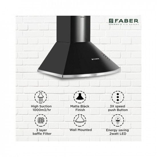 Faber 60 cm 1000 m³/HR Pyramid Kitchen Chimney || 12 year warranty on Motor|| Motor- 240 Watt (HOOD CLASS PRO PB BK LTW 60, Baffle Filters,Black)