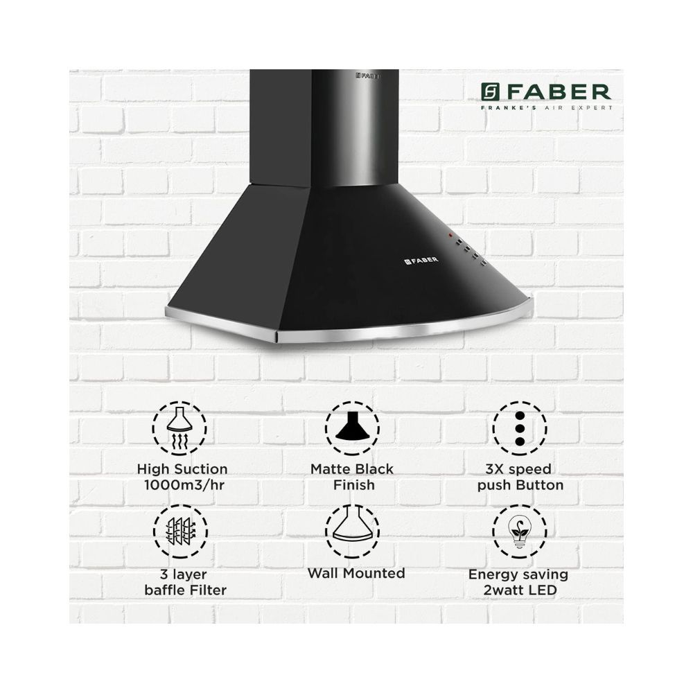 Faber 60 cm 1000 mÂ³/HR Pyramid Kitchen Chimney (HOOD CLASS PRO PB BK LTW 60, Baffle Filters,Black)