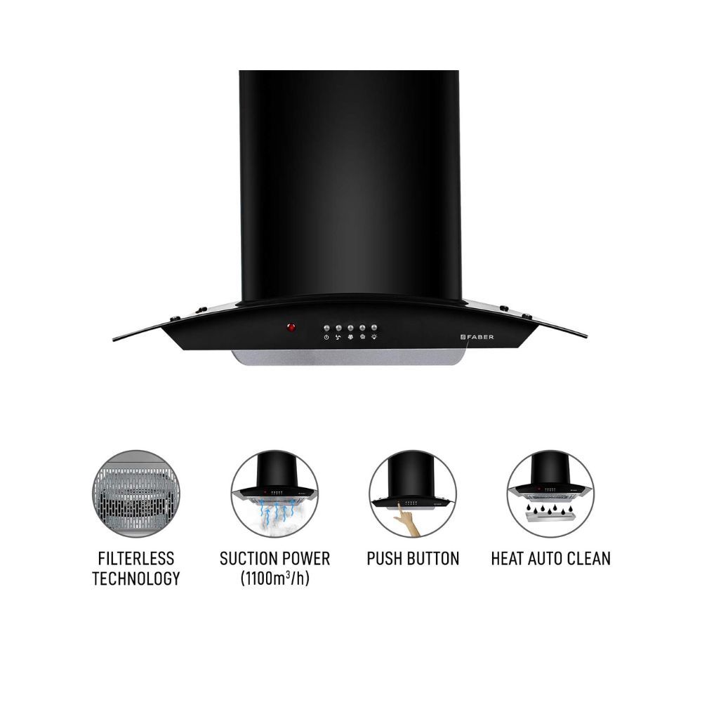 Faber 60 cm 1100 mhr Auto-Clean curved glass Kitchen Chimney HOOD ACE PRO HC PB BK 60 Filterless technology Push Button Black