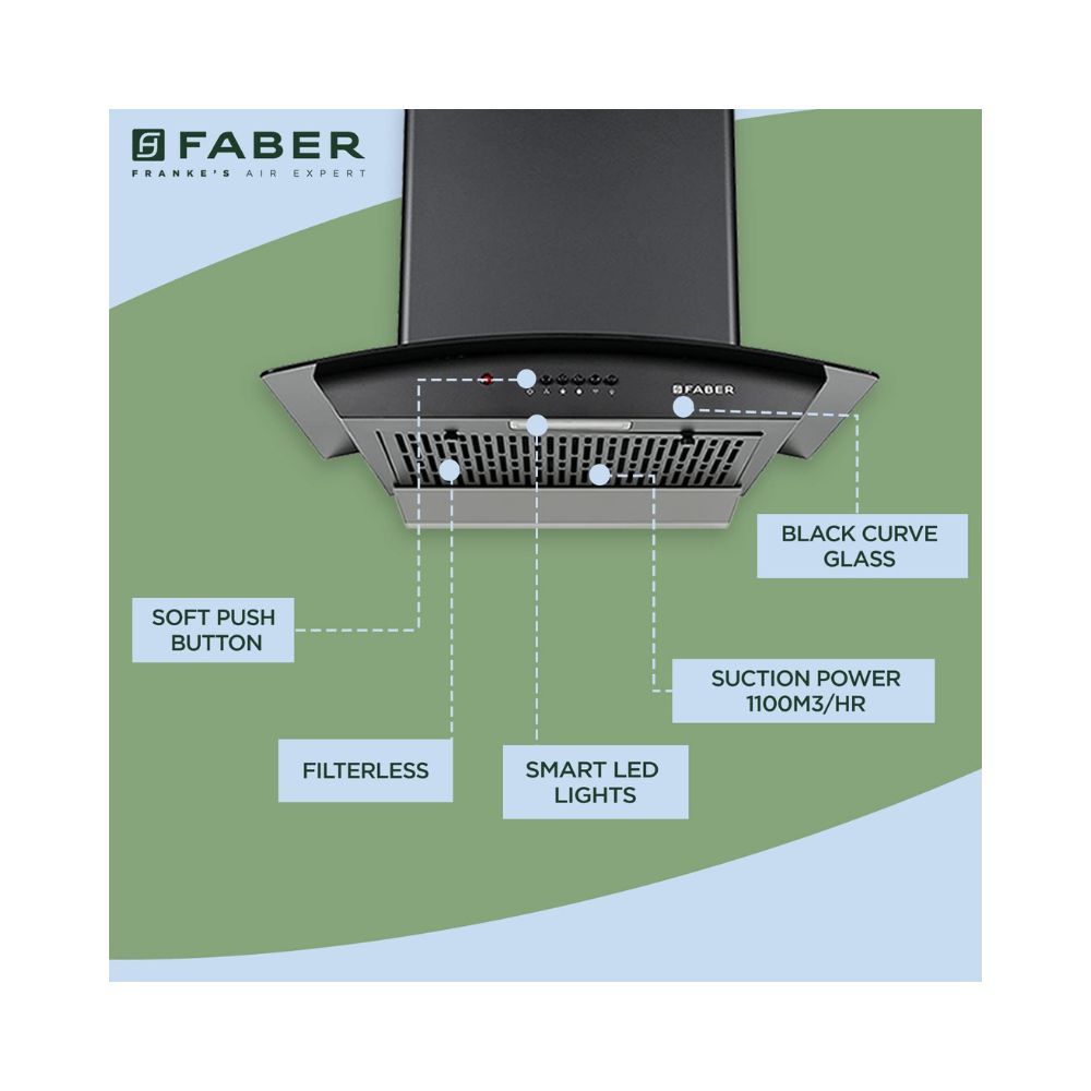 Faber 60 cm 1100 mhr Auto-Clean curved glass Kitchen Chimney HOOD ALPHA HC PB BK 60 Filterless technology Push Button Black