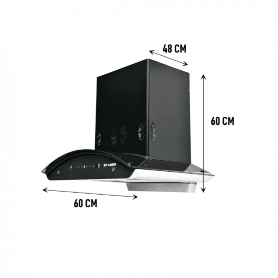 Faber 60 cm 6 way Silent Suction 1250 mhr Auto-Clean curved glass Kitchen Chimney HOOD EVEREST SMART 3D IND HC SC BK 60 Filterless technology Touch Control  Gesture Control Black