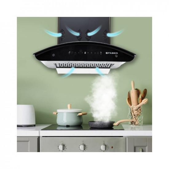 Faber 60 cm 6 way Silent Suction 1250 mhr Auto-Clean curved glass Kitchen Chimney HOOD EVEREST SMART 3D IND HC SC BK 60 Filterless technology Touch Control  Gesture Control Black