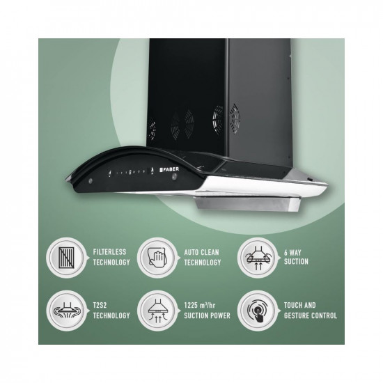 Faber 60 cm 6 way Silent Suction 1250 mhr Auto-Clean curved glass Kitchen Chimney HOOD EVEREST SMART 3D IND HC SC BK 60 Filterless technology Touch Control  Gesture Control Black