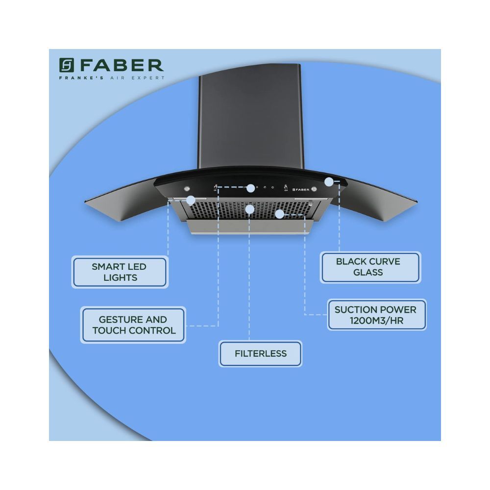Faber 90 cm 1200 mhr Auto-Clean curved glass Kitchen Chimney Hood Polo HC SC FL BK 90