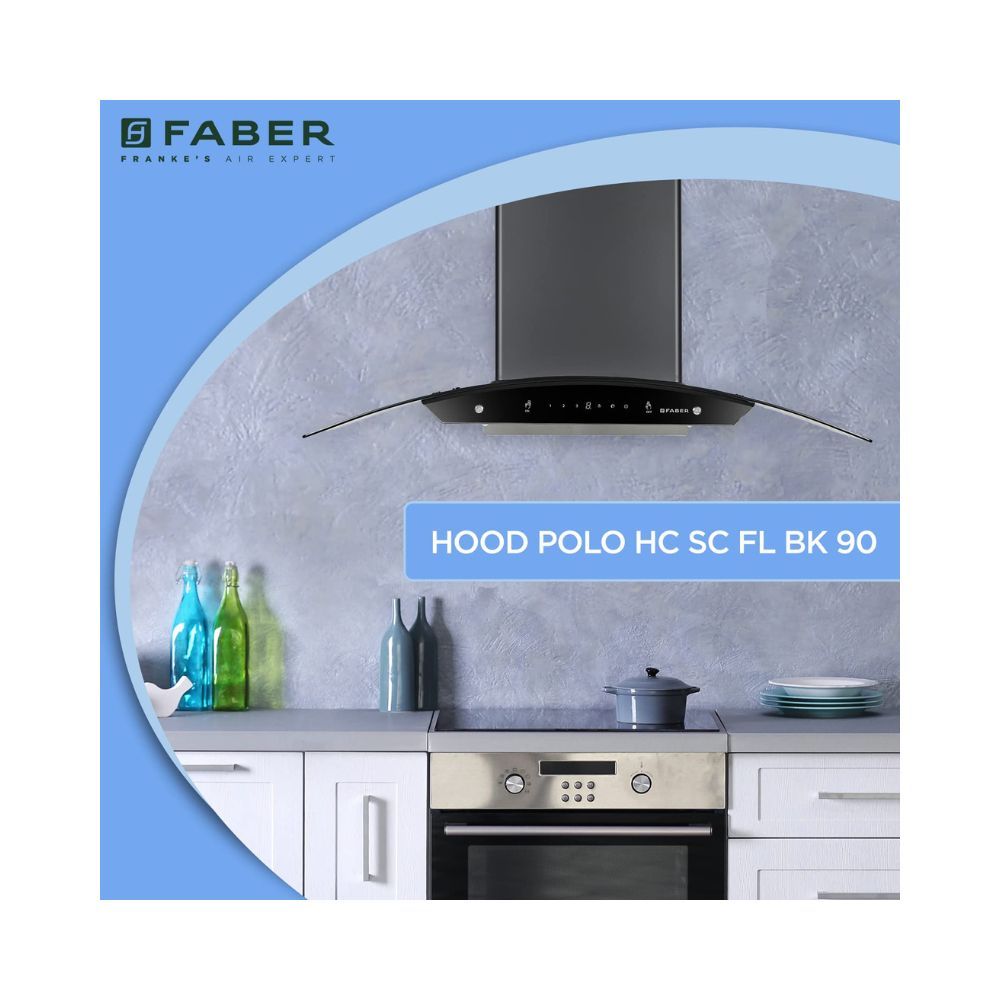 Faber 90 cm 1200 mÂ³/hr Auto-Clean curved glass Kitchen Chimney (Hood Polo HC SC FL BK 90)