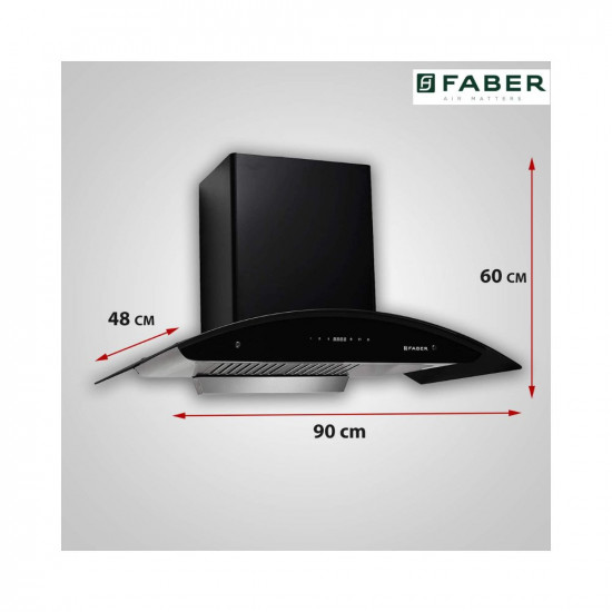 Faber 90 cm 1500 m³/hr Auto-Clean curved glass Kitchen Chimney (HOOD PRIMUS PLUS ENERGY HC SC BK 90, Baffle Filter, Touch Control, Black)