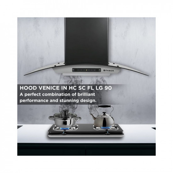 Faber 90cm 1200 m3/hr, Autoclean Chimney, Filterless, 8Yr on Motor, 2Yr Comprehensive Warranty, Italian Design - Made in India (Hood Venice in HC SC FL LG 90, Touch & Gesture Control, Light Grey)